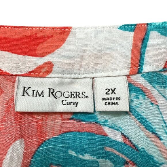 Kim Rogers Top Plus Size 2X Tropical Leaf Coral Turquoise Short Sleeve Tunic - Picture 4 of 9